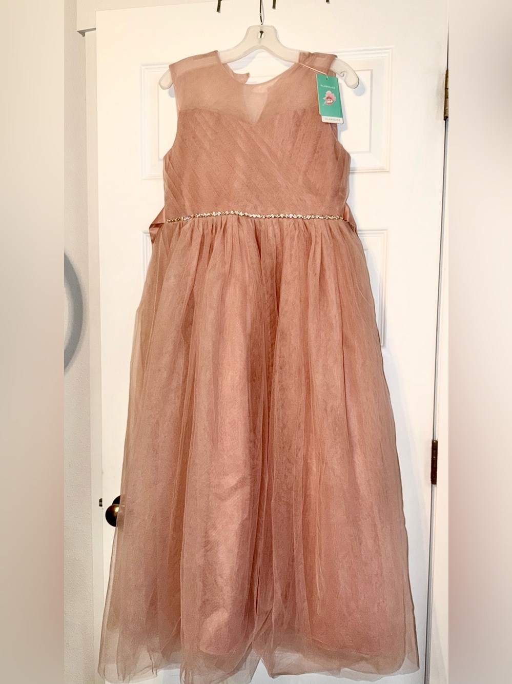 Girls' Dusty Rose Tulle Formal Dress with Jeweled Waist